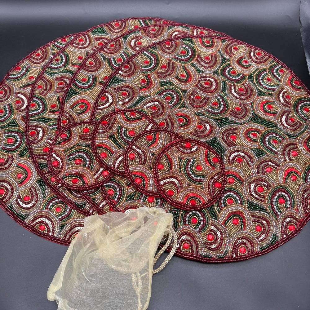 Mackenzie Childs Set of 4 Savoy Holiday Beaded Coasters Placemats Red Green Gold